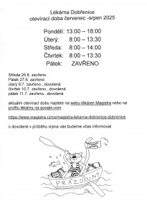lékárna Dobřenice - otevírací doba o letních prázdninách